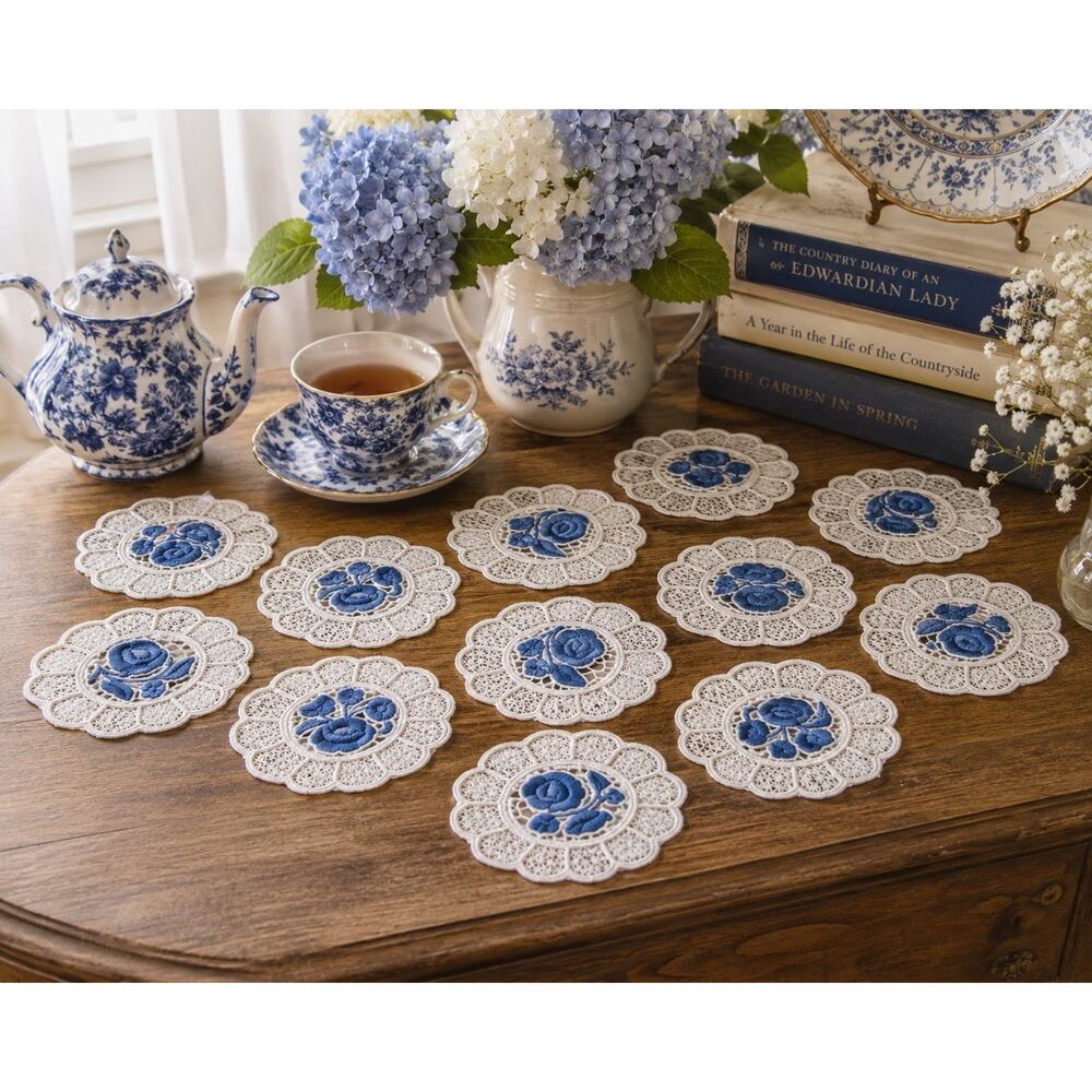 Lot 12 Hungarian Folk Art Lace Doilies Blue Rose Budapest Kalocsa Matyo